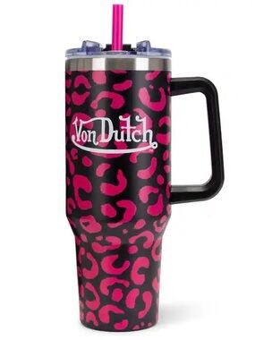 Von Dutch Black & Hot Pink Leopard Print Travel Mug with Handle
